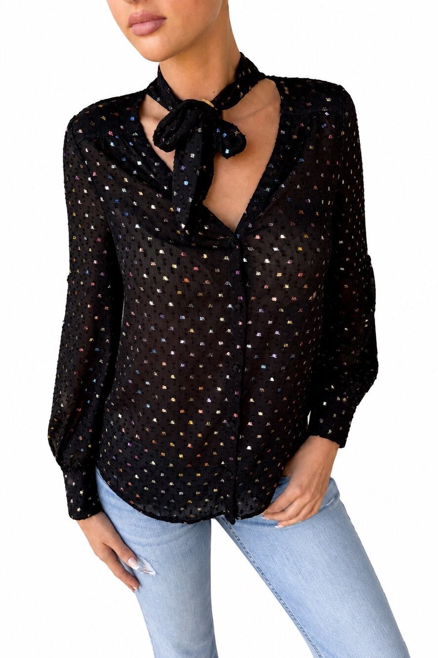 Paige Black Chiffon Multicolor Dot Tie-Neck Blouse